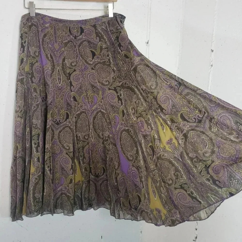 Jones New York Collection Silk Midi Skirt 10 Purple Green Paisley Pleated A-Line